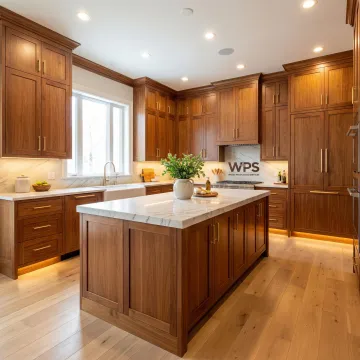 Handcrafted custom wood kitchen cabinets with warm wood tones and soft-close hardware