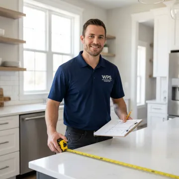 Custom cabinet maker measuring kitchen space during a design consultation visit