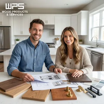 Cabinet design consultant reviewing 3D cabinet layout plans with a homeowner in a kitchen setting