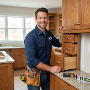 Cabinet contractor measuring and installing custom kitchen cabinets during a remodel