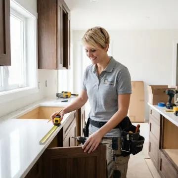 Cabinet maker measuring and installing custom kitchen cabinets