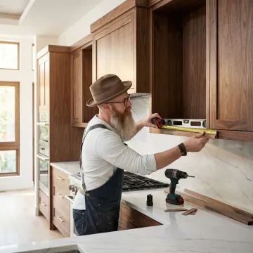 Craftsman measuring and installing custom cabinet with precision tools
