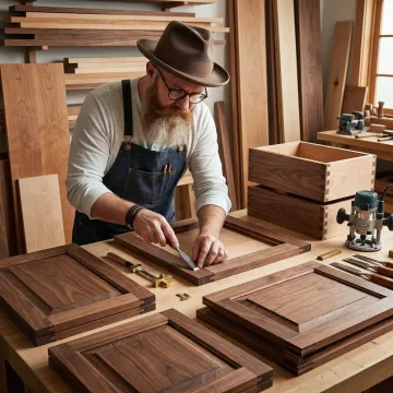 Craftsman building custom kitchen cabinets in workshop