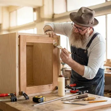 Craftsman building custom bathroom vanity in workshop