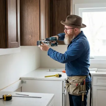 Cabinet craftsman measuring and installing custom kitchen cabinets