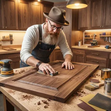 Walnut cabinet craftsman working with premium hardwood materials