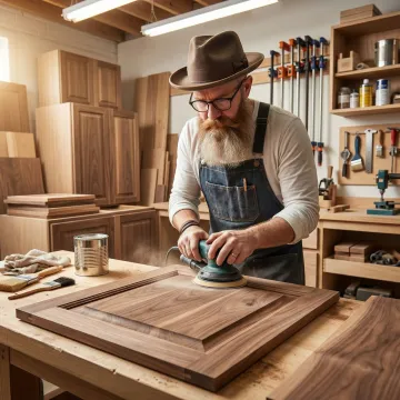Artisan craftsman finishing a natural wood kitchen cabinet panel in a workshop