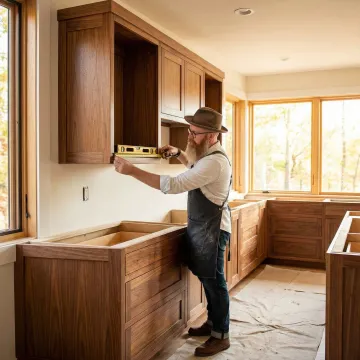 Skilled cabinet maker measuring and installing custom kitchen cabinets