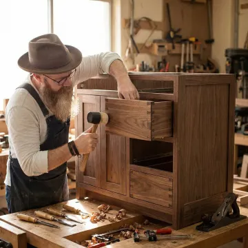 Skilled craftsman assembling a custom 55-inch bathroom vanity cabinet in a workshop
