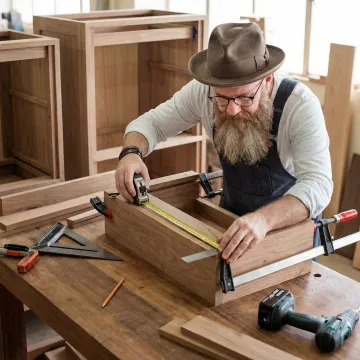 Cabinet maker measuring and crafting custom wood cabinets in a workshop