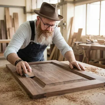 Craftsman sanding and finishing a solid wood kitchen cabinet door in a workshop.