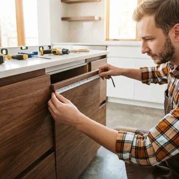 Cabinet maker measuring and installing modern slab kitchen cabinets during a kitchen remodel