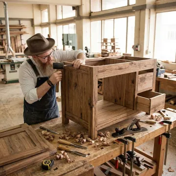Artisan handcrafting a rustic hardwood bathroom vanity cabinet in a woodworking workshop