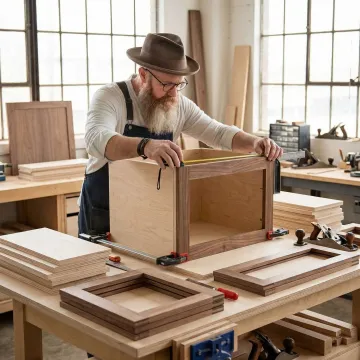 Cabinet maker crafting custom kitchen cabinet components in a woodworking workshop