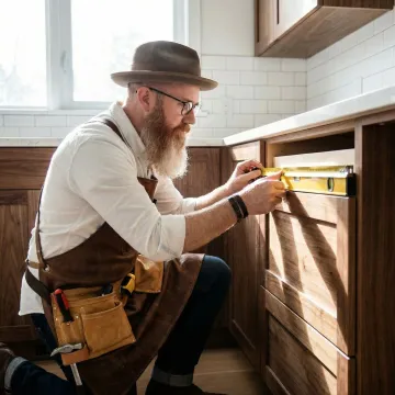 Cabinet maker measuring and installing custom cabinetry in a home