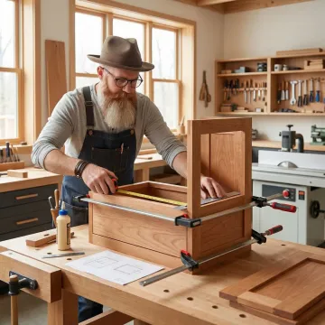 Cabinet maker measuring and installing custom kitchen cabinets in a residential home