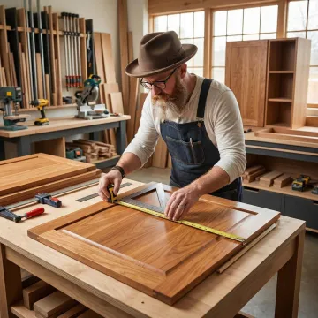 Craftsman measuring and assembling a custom wood kitchen cabinet in a workshop