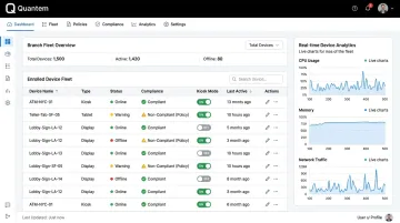 Quantem MDM dashboard displaying device enrollment status kiosk mode and compliance controls
