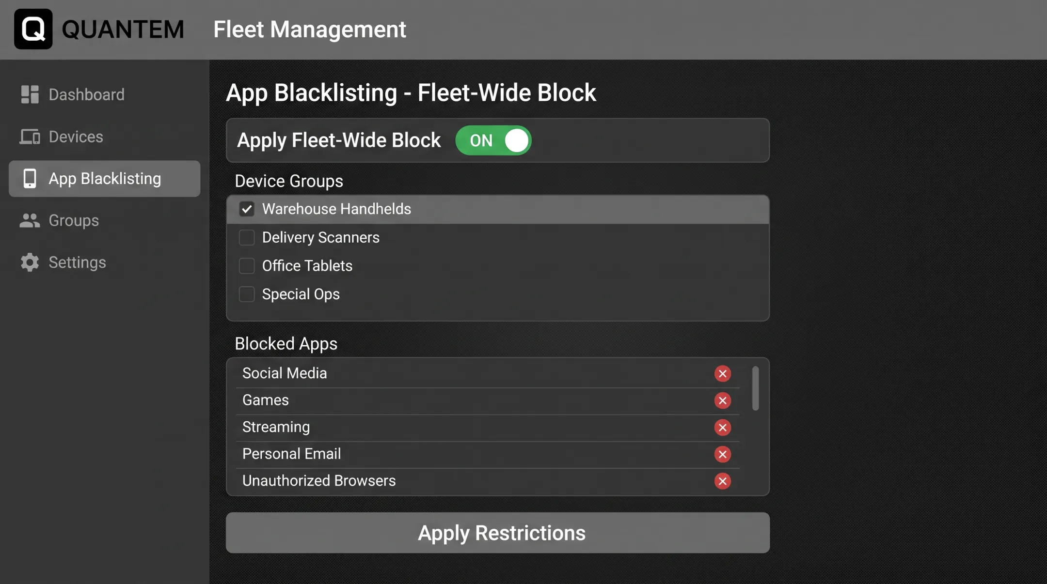 Quantem app blacklisting interface blocking apps across warehouse device fleet