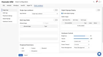 Hexnode UEM kiosk mode configuration interface showing single-app and multi-app lockdown settings
