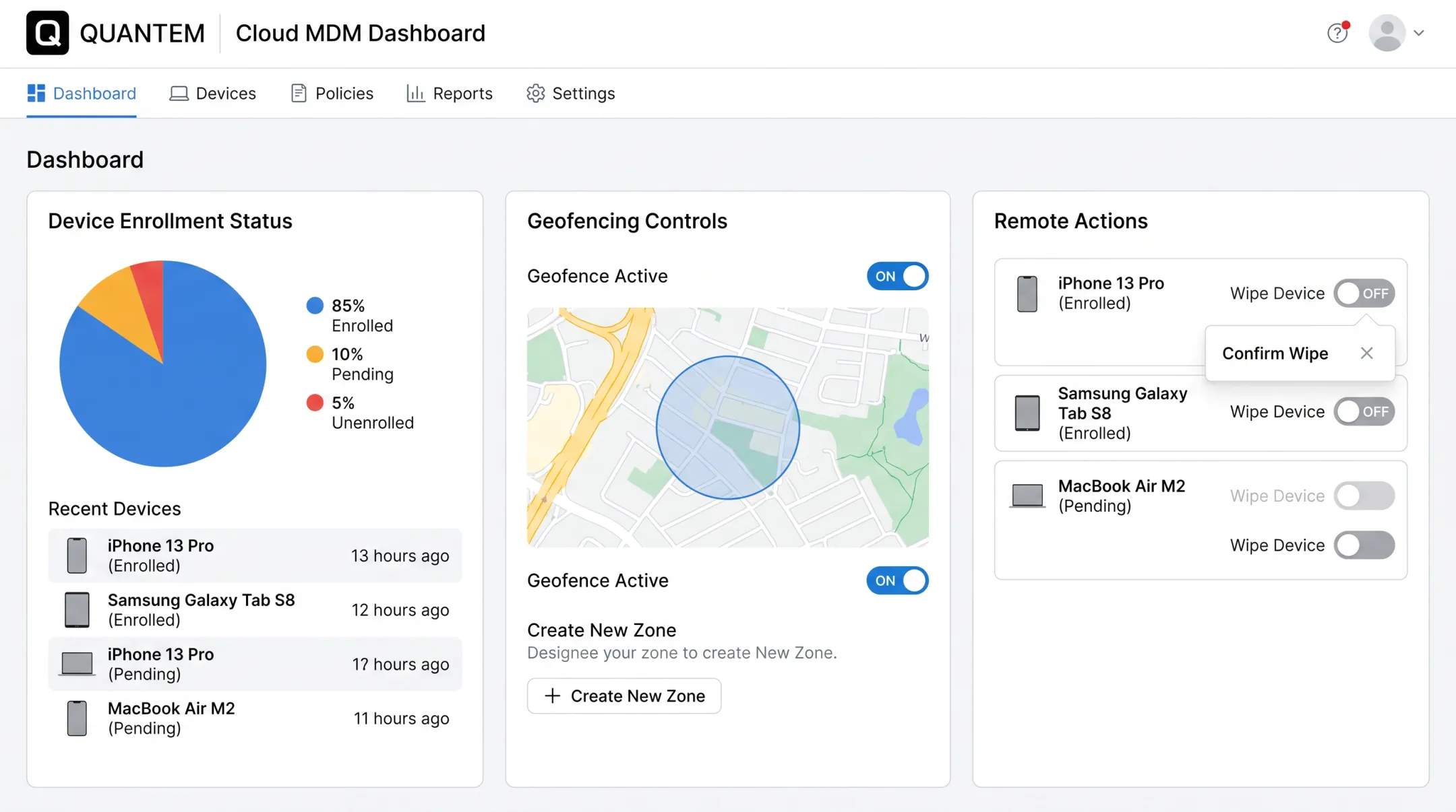 Quantem MDM dashboard showing zero-touch device enrollment and wipe controls