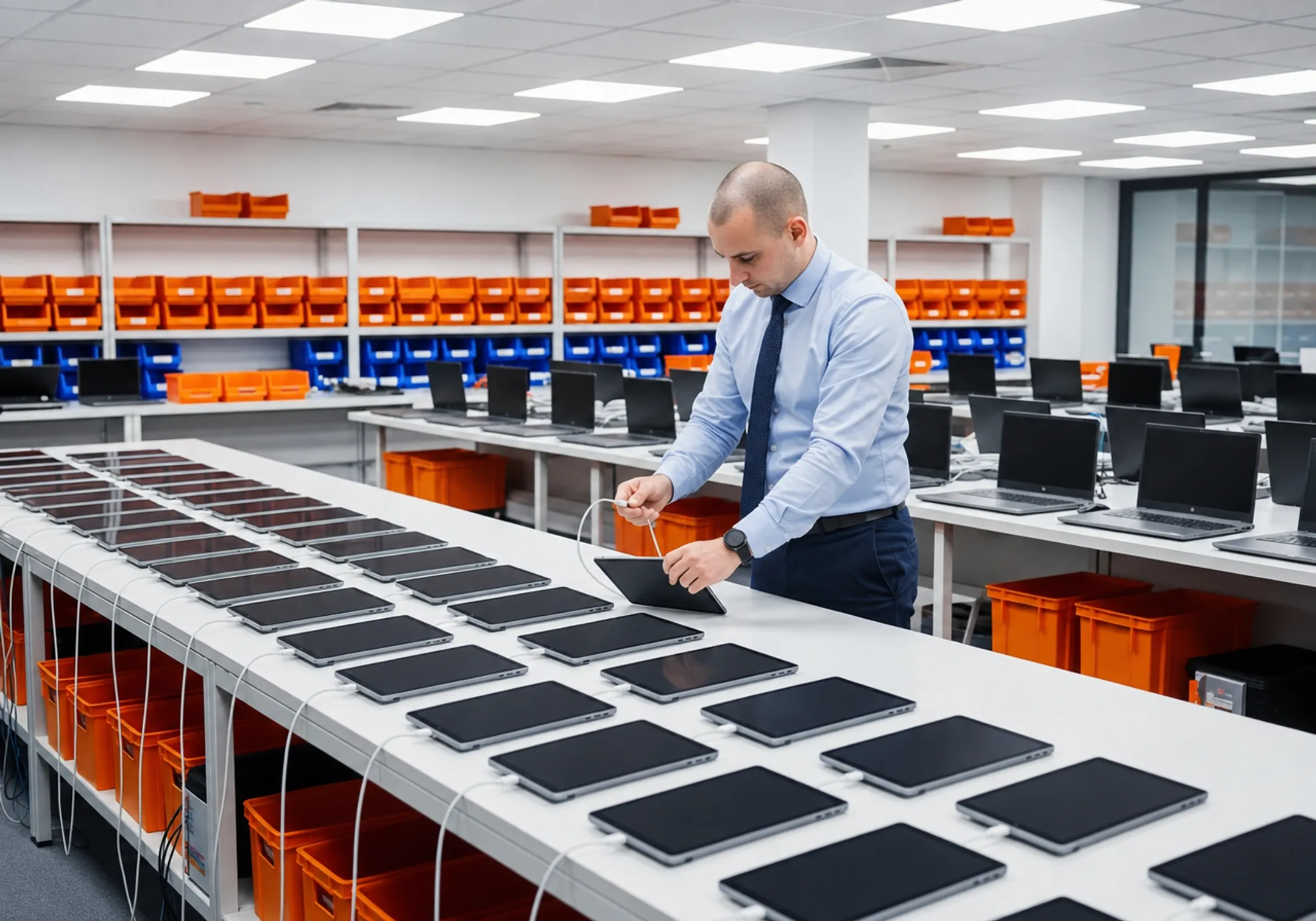 IT technician manually configuring rows of tablets on office desk