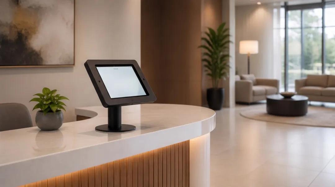 Modern office reception area with iPad kiosk mounted on countertop stand for visitor check-in