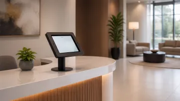 Modern office reception area with iPad kiosk mounted on countertop stand for visitor check-in