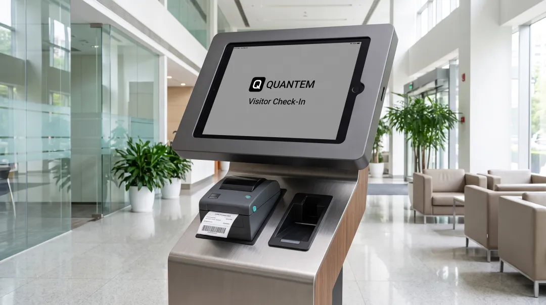 Visitor management kiosk hardware setup with tablet enclosure badge printer and ID scanner