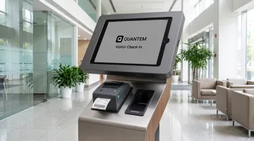 Visitor management kiosk hardware setup with tablet enclosure badge printer and ID scanner