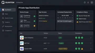 Quantem MDM private app distribution dashboard showing device groups and version controls