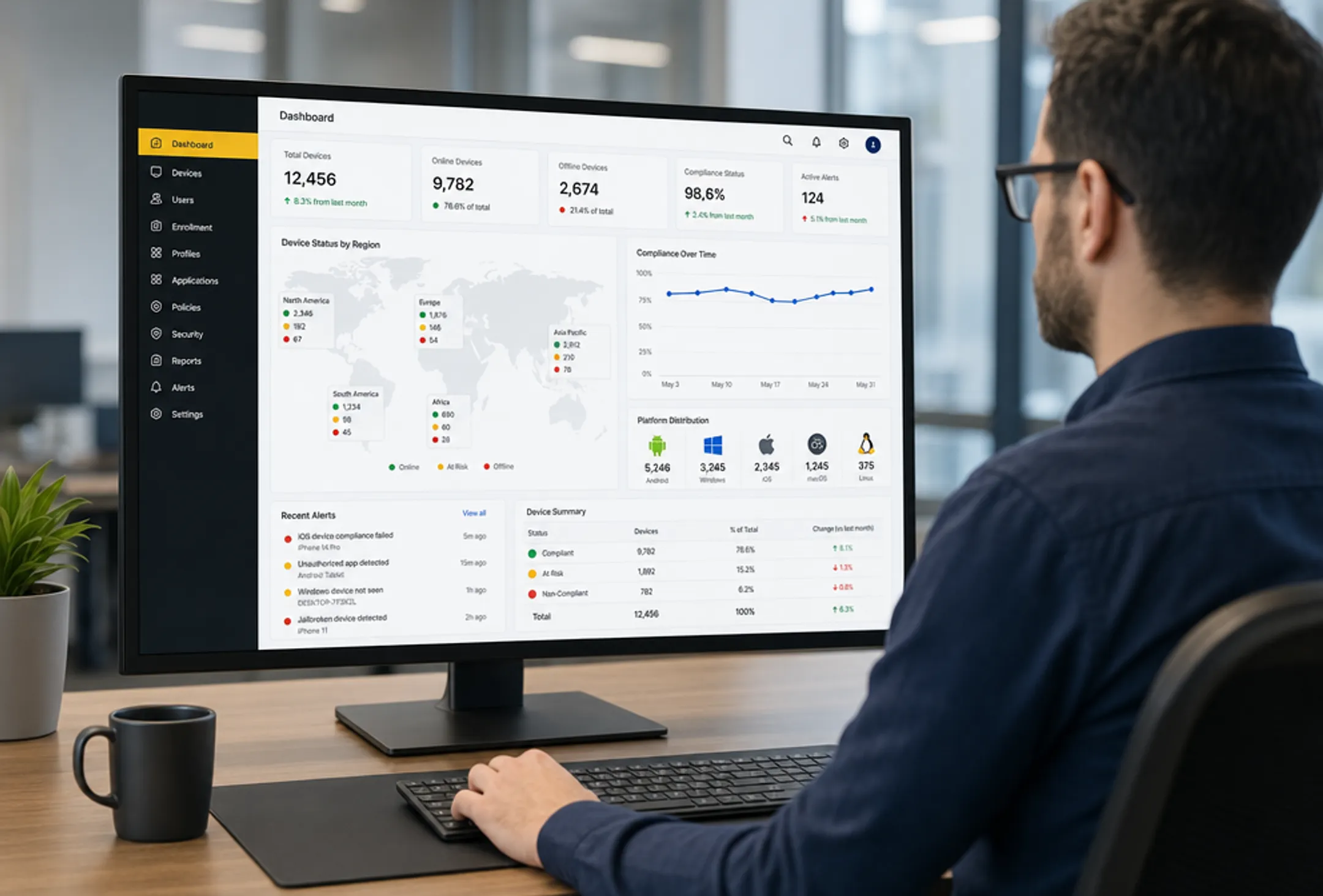 IT administrator managing multiple company devices from centralized dashboard
