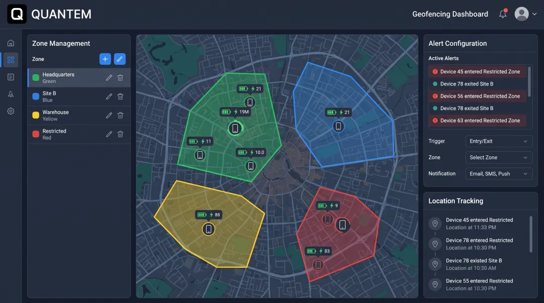 Quantem MDM platform dashboard showing geofencing zones and real-time device location tracking