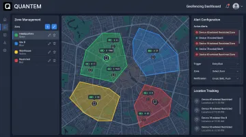 Quantem MDM platform dashboard showing geofencing zones and real-time device location tracking