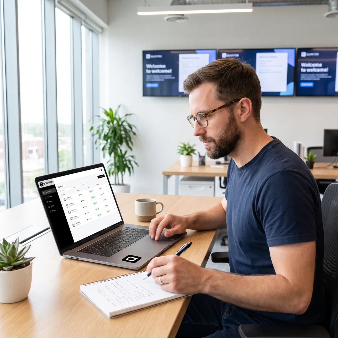 Administrator managing office signage remotely