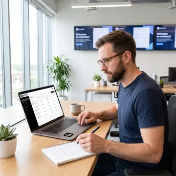 Administrator managing office signage remotely