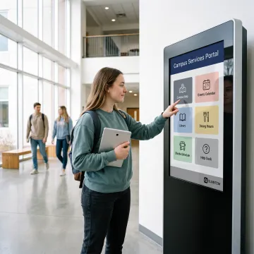 Student using a secure touchscreen kiosk on campus