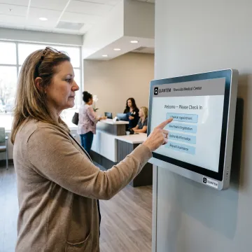 Patient using a healthcare self-check-in kiosk