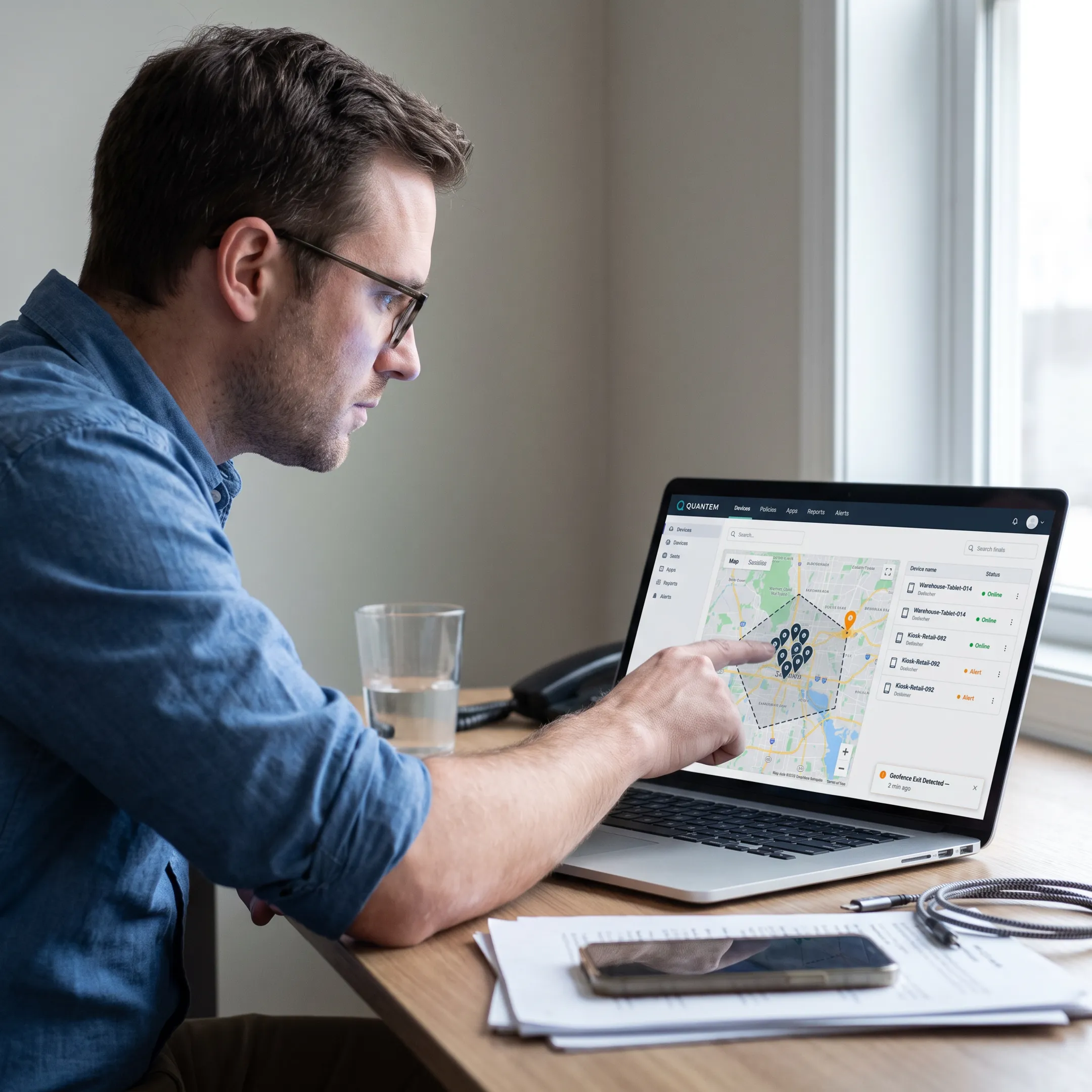 Device management dashboard showing fleet locations and geofence zones