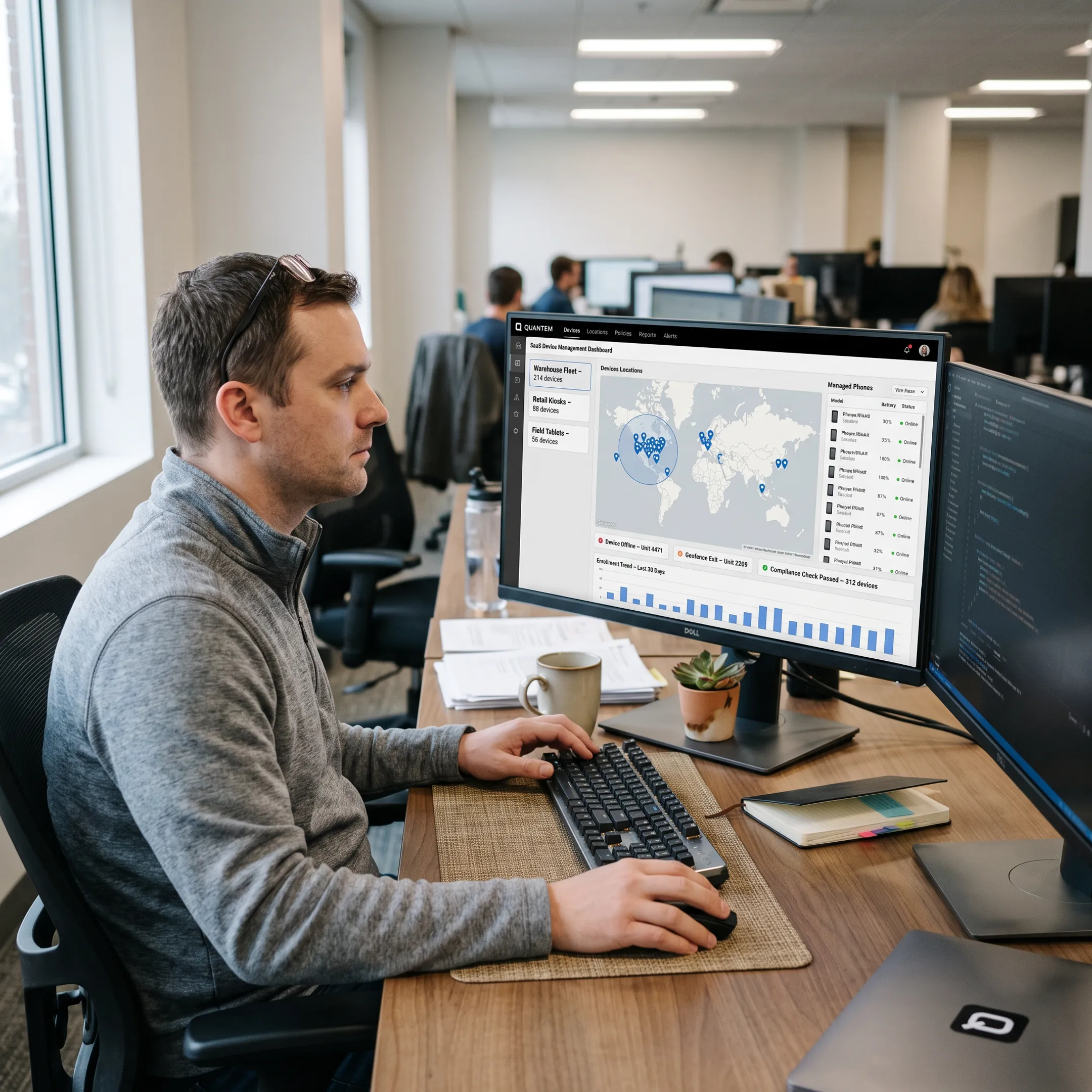 IT manager reviewing device locations on a mobile management dashboard