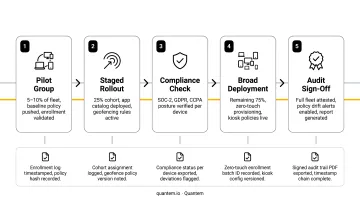 Staged deployment phased rollout process flow with compliance audit trail