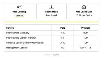 Network delivery optimization configuration showing peer caching and port settings for enterprise deployment