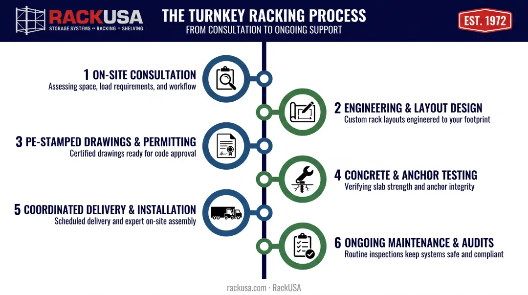 6-step turnkey warehouse racking installation process from consultation to maintenance