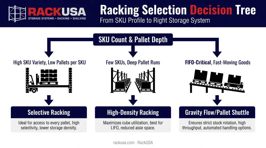 Warehouse racking system selection decision flowchart by SKU density