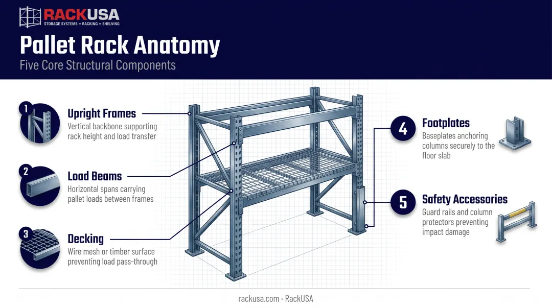 Pallet rack anatomy diagram showing upright frames beams and decking components