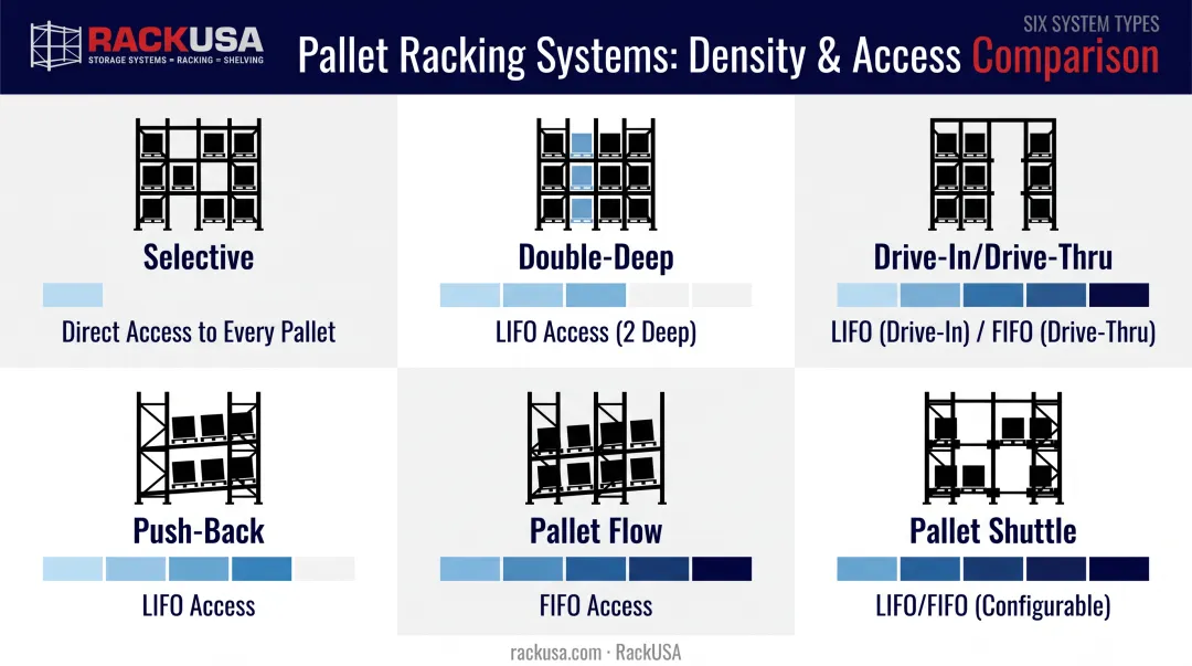 Six pallet racking system types compared by storage density and accessibility