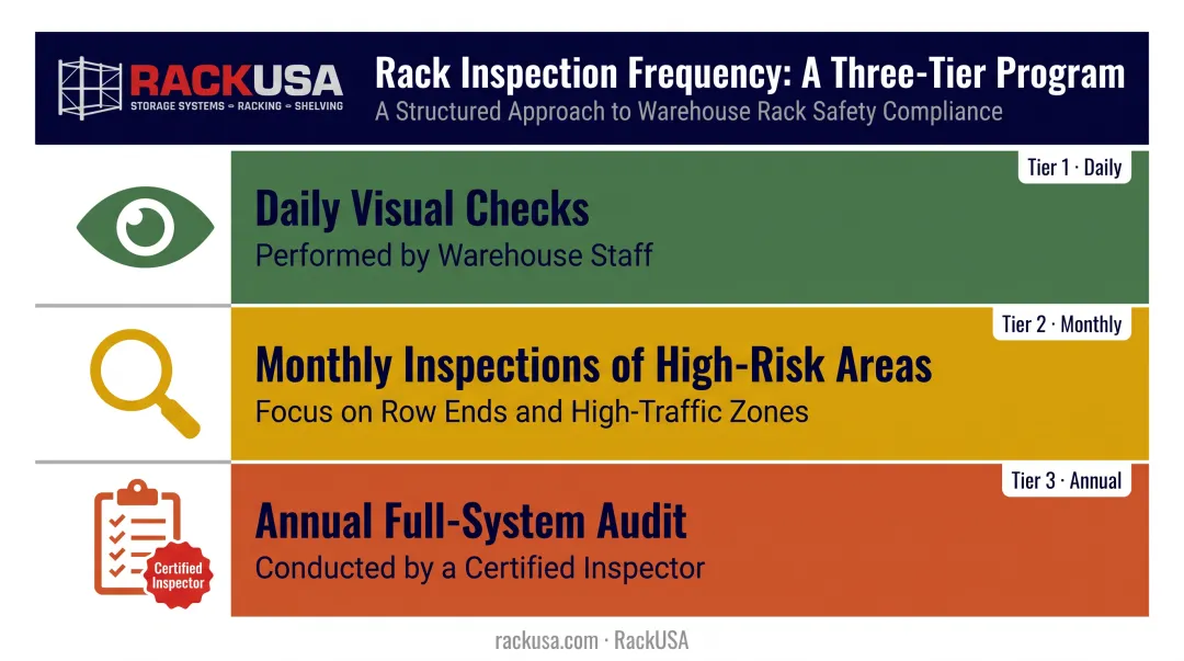 Three-tier pallet rack inspection schedule from daily checks to annual audits
