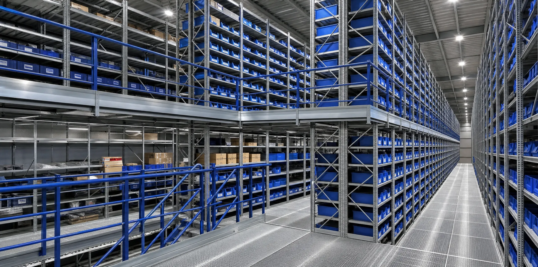 Warehouse mezzanine and multi-tier shelving maximizing vertical storage space