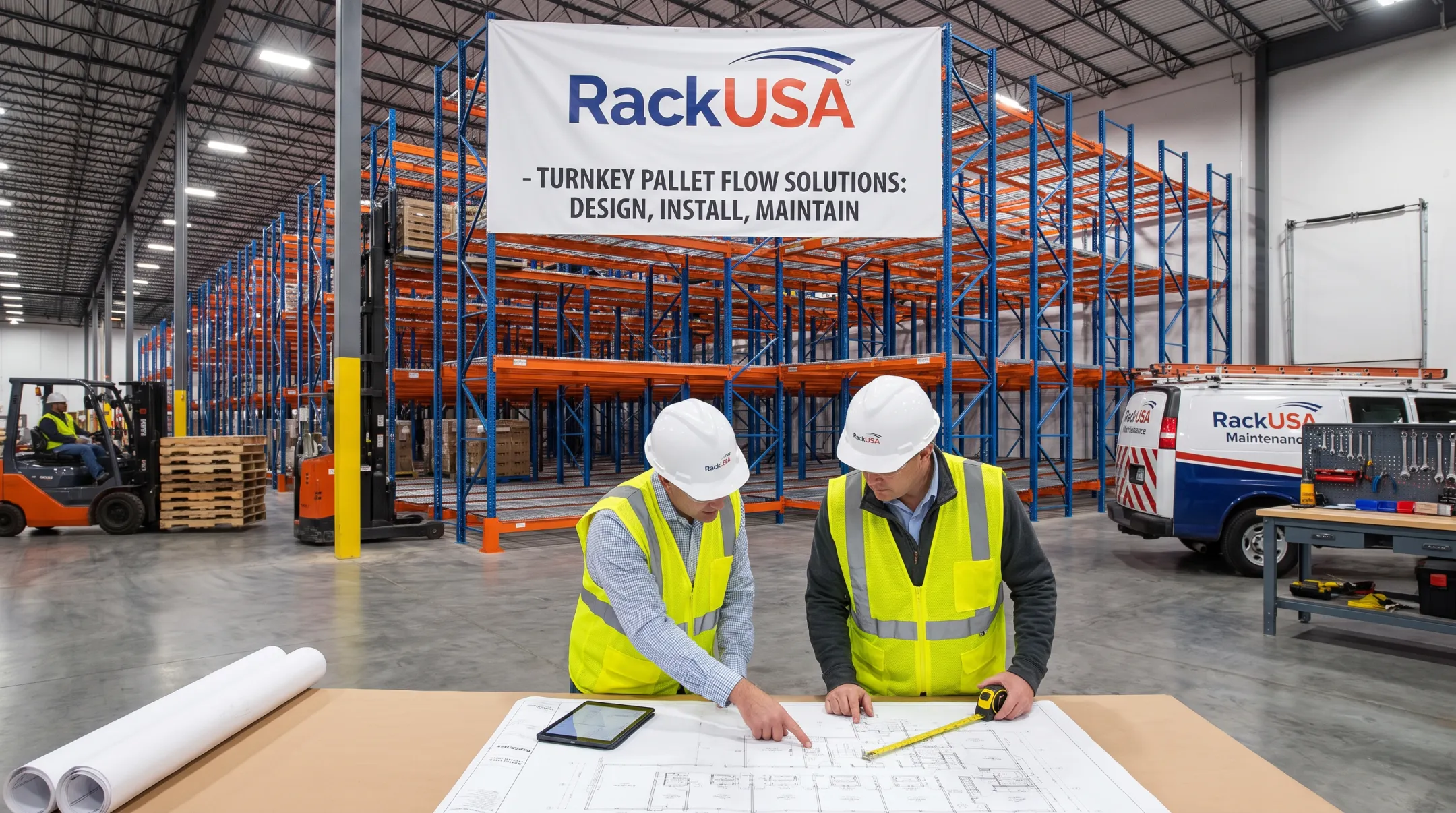 RackUSA turnkey pallet flow rack installation with engineering team