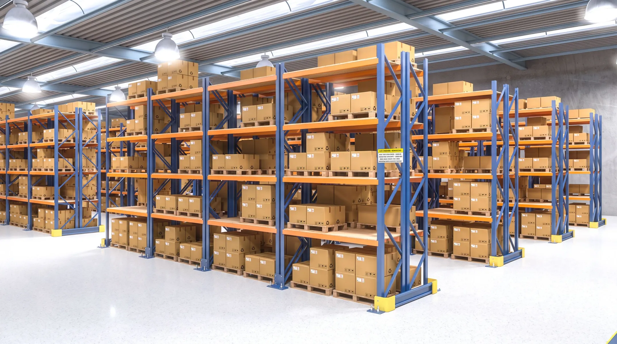 OSHA compliant warehouse racking with load capacity labels and clear aisles